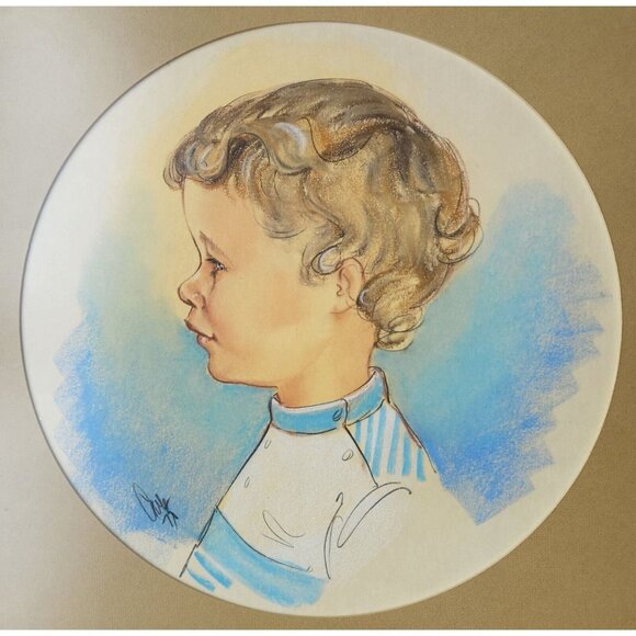 Vintage Mid Century Child Portrait, Original Oil Pastel Drawing, Framed 17" x 17 - Picture 2 of 5